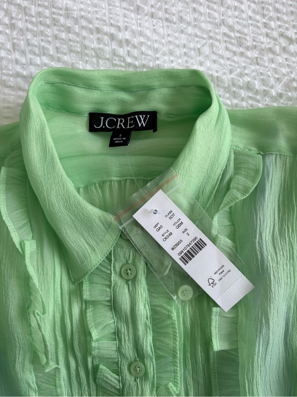 J.Crew Mint Green Ruffle Button Front Blouse - Picture 2 of 4